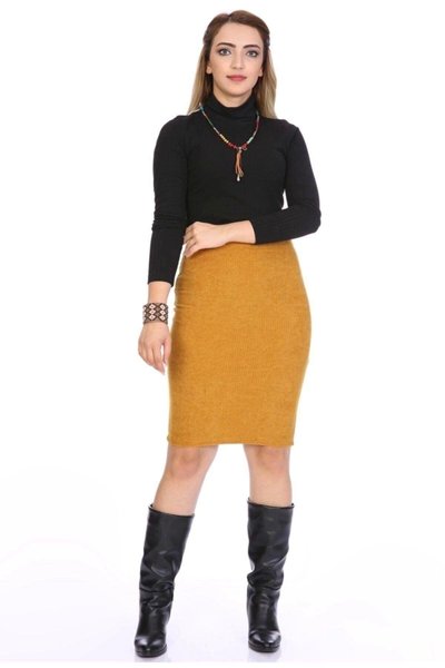 تنورة قلم مخملية متوسطة خردلية