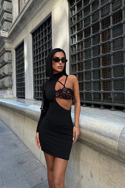 Hollywood Kırmızı Mini Silva Gögüs Payet Tasarım Abiye Elbise