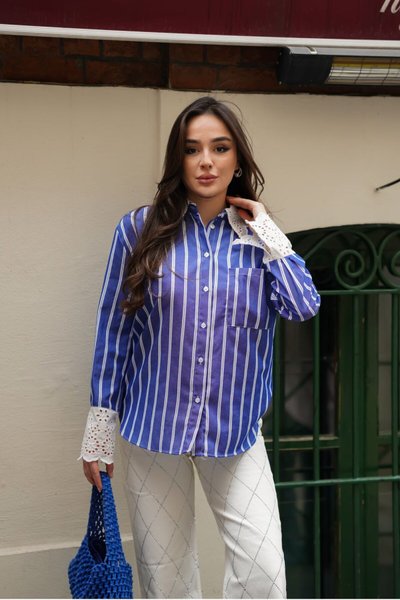 İndigo Kol Ve Yaka Vintage Detaylı Gömlek
