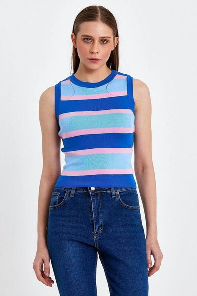 İndigo Mavi Çizgili Crop Triko