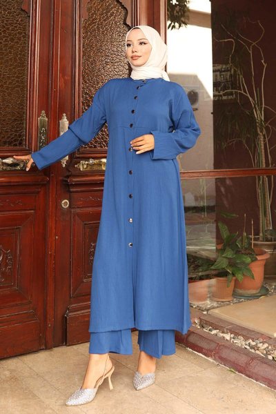 Indigo Collar Detailed Long Two-Piece Modest Suit