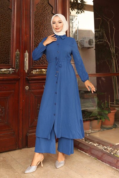 Indigo Slit Detailed Long Twin Modest Set