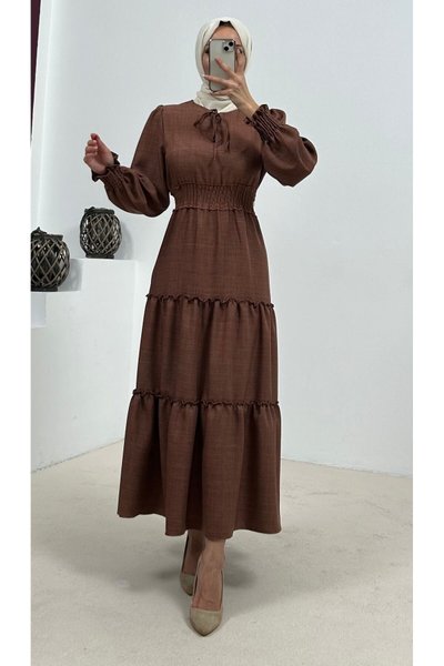 Kahve Bel Kısmı Gipeli Keten Tesettür Elbise