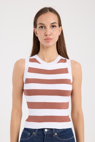 Kahve Çizgili Crop Triko