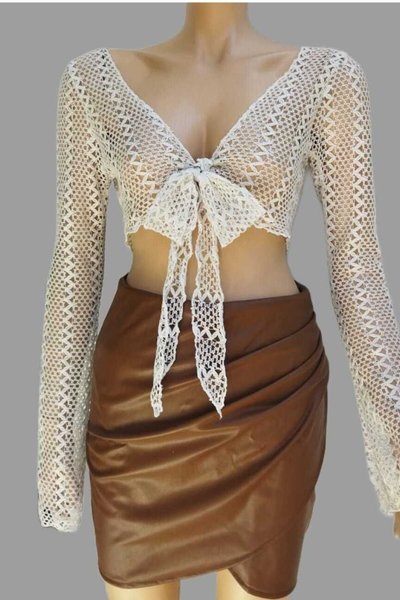 Kahve Crop Ispanyol Kolllu Göğüsten Bağlamalı Ajurlu Bolero