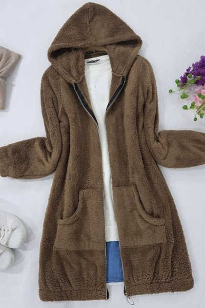Coffee Plush Hooded Jacket with Kangaroo Pocket