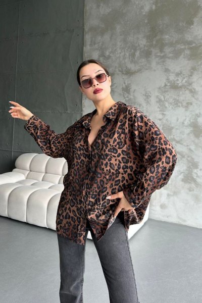 Kahve Leopar Desenli Oversize Gömlek