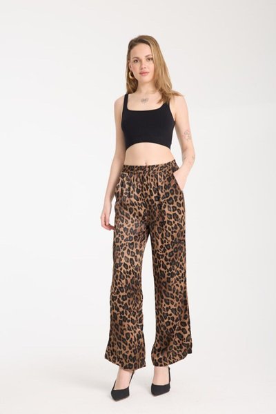 Kahve Leopar Desenli Saten Pantolon