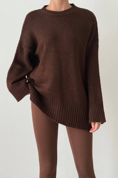Kahve Oversize Basic Uzun Kazak