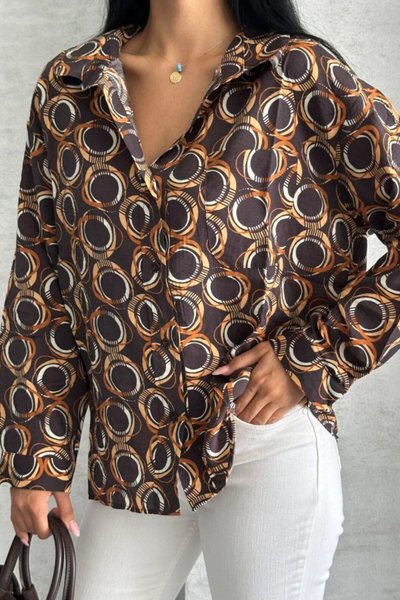 Kahve Oversize Saten Desenli Rahat Gömlek