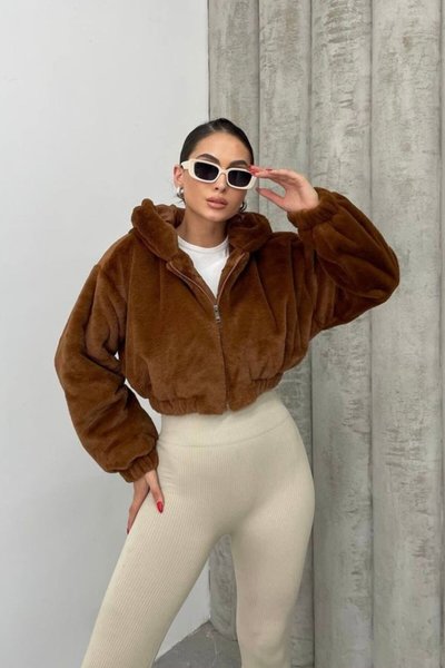 Kahve Peluş Oversize Crop Kapüşonlu Mont