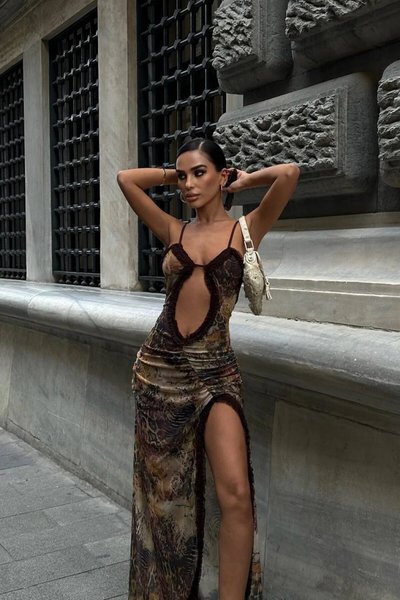 Brown Long-Strap Enny Deep V-Neck Slit Detail Evening Gown