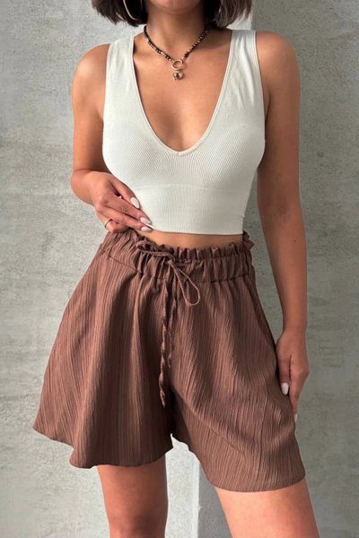 Coffee Ruffled Linen Shorts