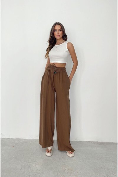Kahverengi Boncuklu Oversize Keten Pantolon