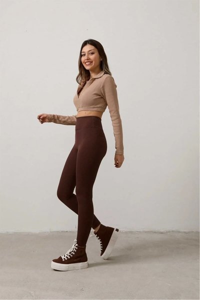 Kahverengi Büyük Beden Ve Normal Yüksek Bel Fitilli Tayt