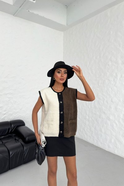 Kahverengi Havlu Örgü İki Renk Yelek