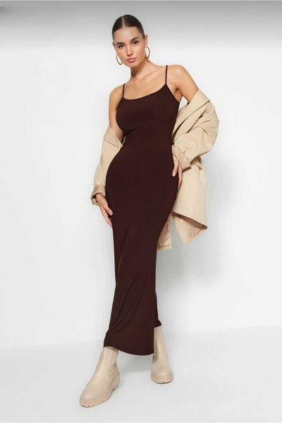 Brown Long Strapped Fitted Adjustable Strap Elastic Sandy Dress