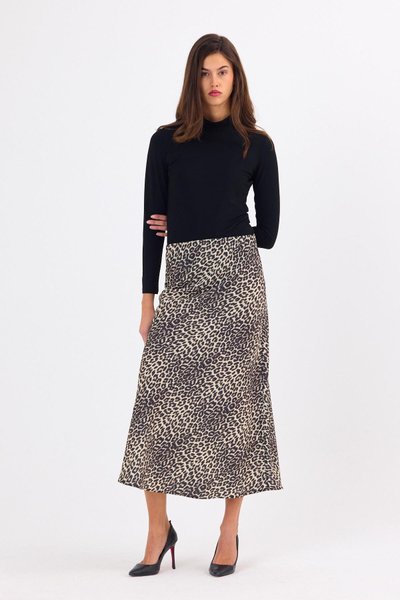 Brown Long Leopard Pattern Satin Skirt