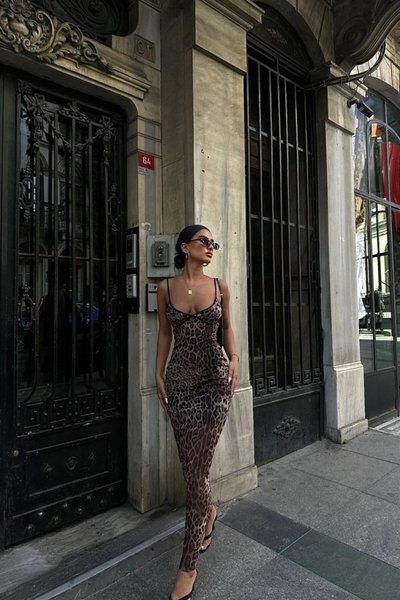 Kahverengi Uzun Tattum Askılı Abiye Elbise