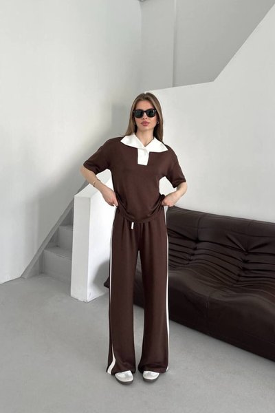Brown Collar Detail Tracksuit Set