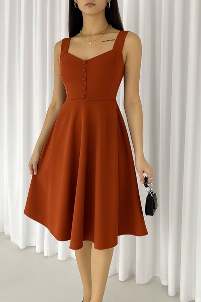 Terracotta Midi Imported Crepe Fabric Thick Strapped Button Detailed Dress