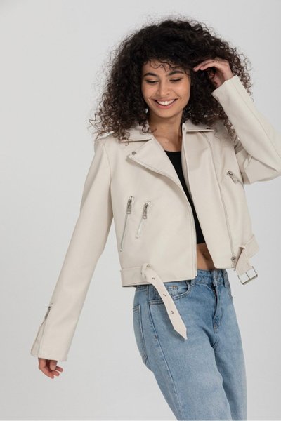 Kırık Beyaz Deri Slim Fit Ceket