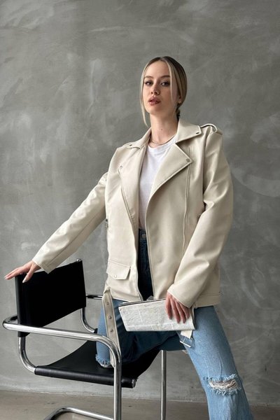 Kırık Beyaz Oversize Uzun Suni Deri Ceket