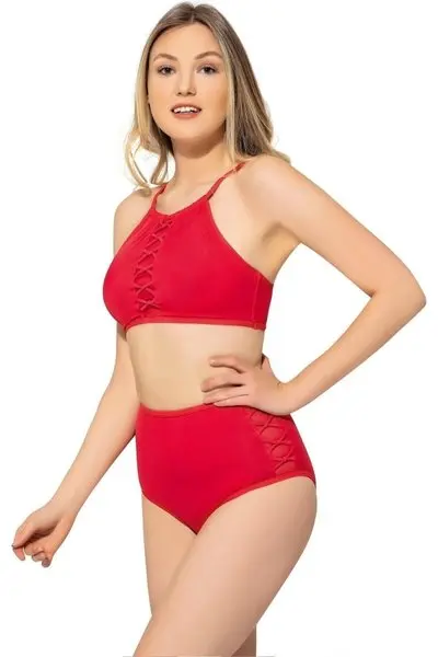 Kırmızı Bağcıklı Tül Detaylı Yüksek Bel Bikini Takım