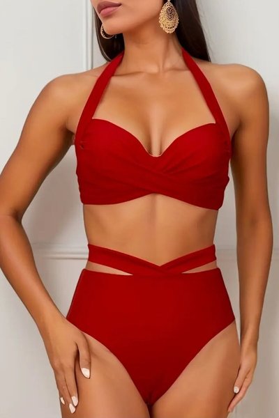 Kırmızı Çapraz Askılı Yüksek Bel Bikini Takım