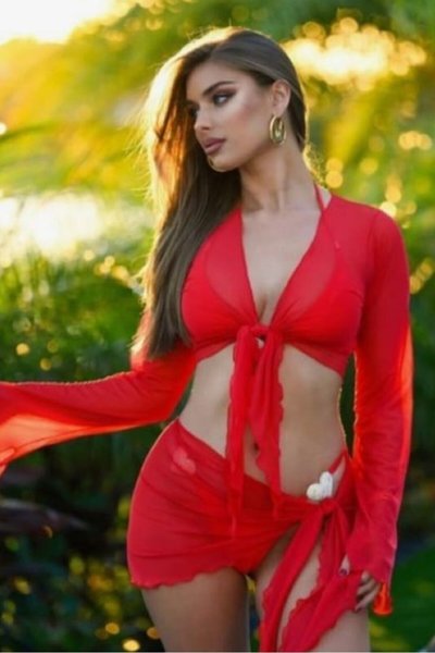 Kırmızı Crop Bolero İspanyol Kolllu Göğüsten Bağlamalı Tül Bluz