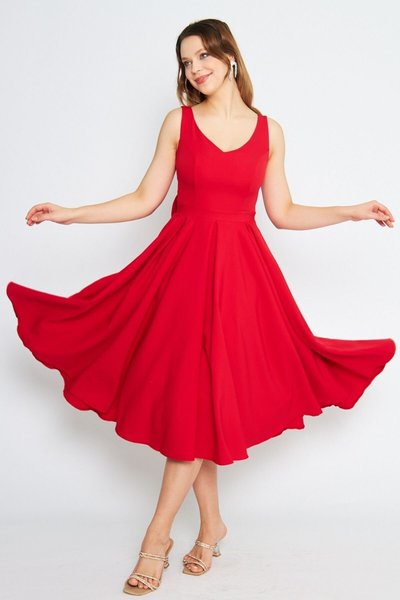 Red Midi Strappy Dress with Bow Back and Decorative Buttons V-Neck Pleated Flared Evening Dress