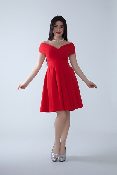 Red Midi Boat Neck Draped Woven Fabric Pleated Flared Graduation Evening Dress