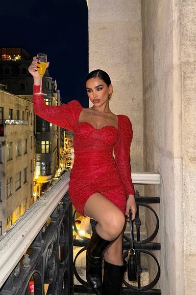 Kırmızı Mini Balon Kol Korse Detay Abiye Elbise