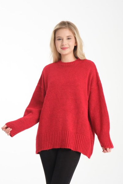 Kırmızı Oversize Basic Uzun Kazak