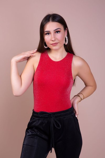 Kırmızı Simli Çıtçıtlı Örme Body