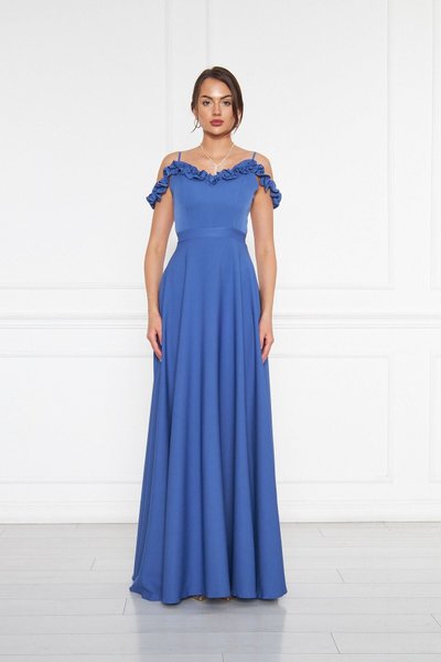 Kotmavi Long Adjustable Strap Ruffle Detail Woven Fabric Flared Evening Dress