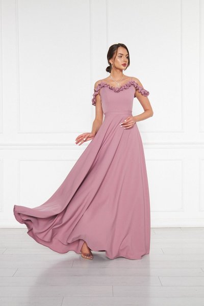Dark Rose Long Adjustable Strap Ruffle Detail Woven Fabric Flared Evening Dress