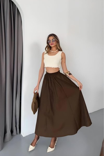 Koyu Kahve Uzun Paraşüt Kumaş Bol Kesim Etek