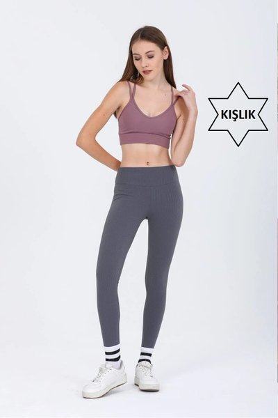 Koyuantrasit Fitilli Yüksek Bel Toparlayıcı Içi Polarlı Şardonlu Spor Tayt