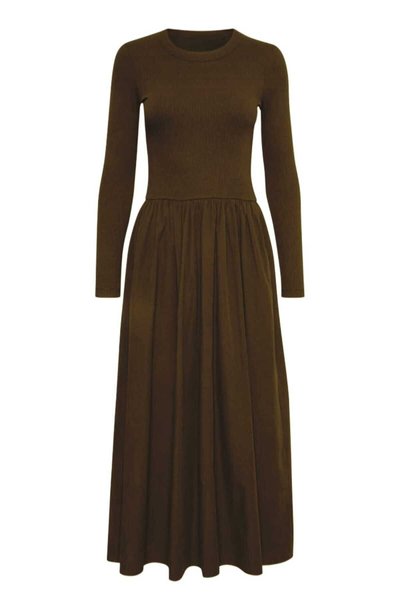 Koyukahverengi Uzun Evaze Maksi Etekli Kollu Kloş Elbise