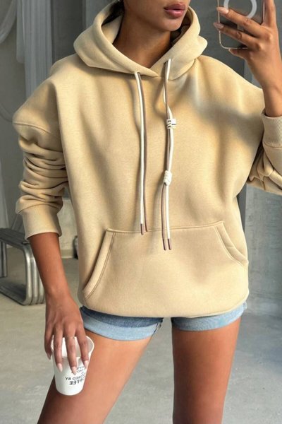 Krem Bağcık Detay Oversize Sweatshirt