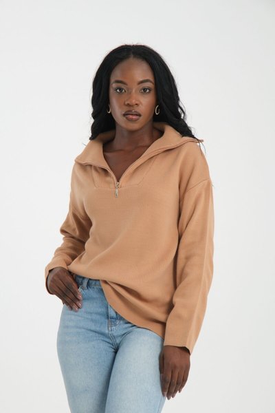 Krem Fermuarlı Premium Oversize Triko Kazak