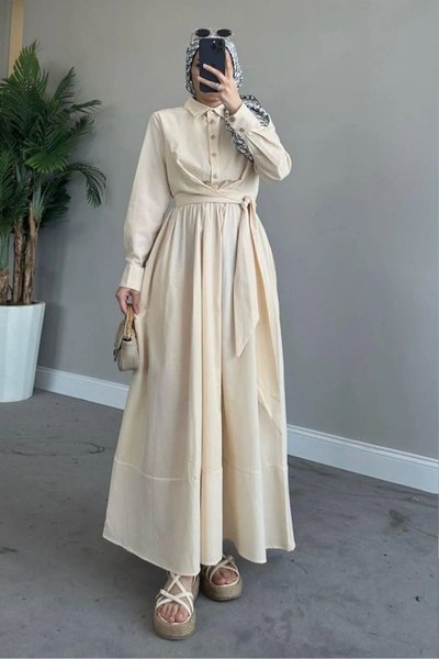 Cream Shirt Collar Tie Poplin Fabric Modest Dress