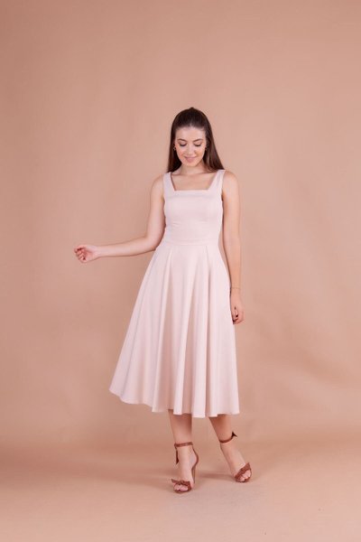 Krem Midi Askılı Kare Yaka Elbise