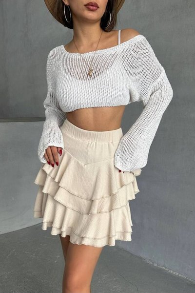 Cream Mini Crinkle Fabric Layered Skort