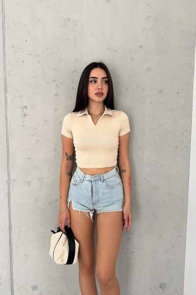 Cream Polo Neck Short Sleeve Crop Blouse