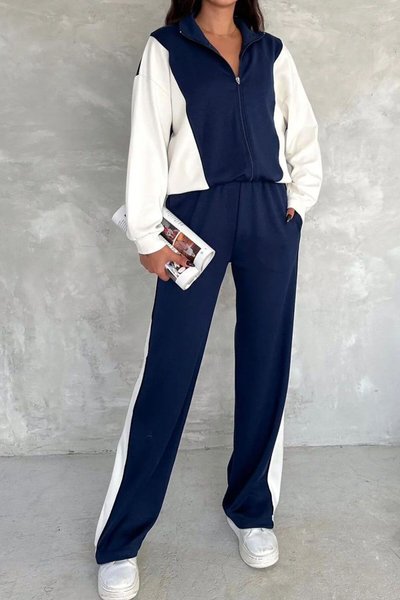 Lacivert Biyeli Fermuarlı Alt Üst Modal Beyaz İkili Takım