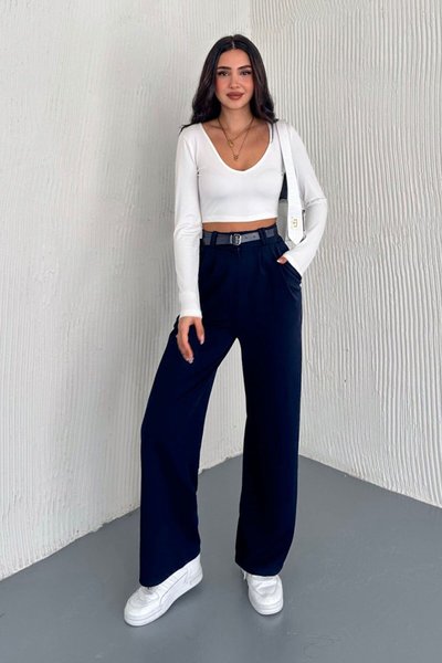 Lacivert Kemerli Palazzo Pantolon