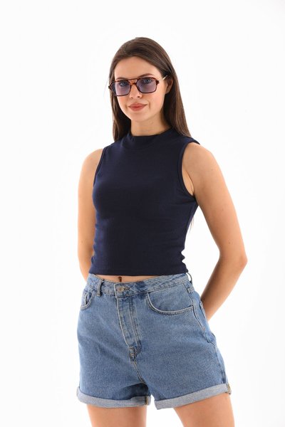 Lacivert Likralı Crop Bluz