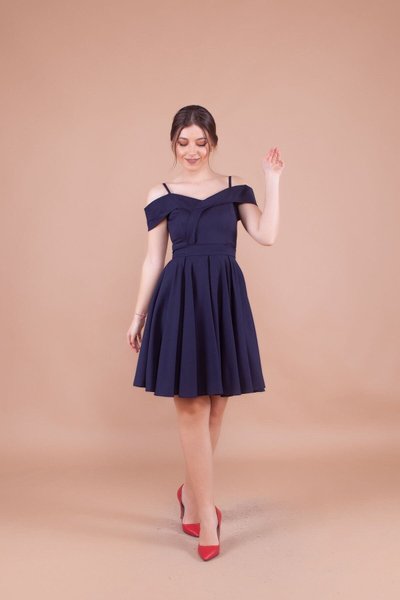 Navy Blue Midi Strappy Off-Shoulder Pleated Evening Dress